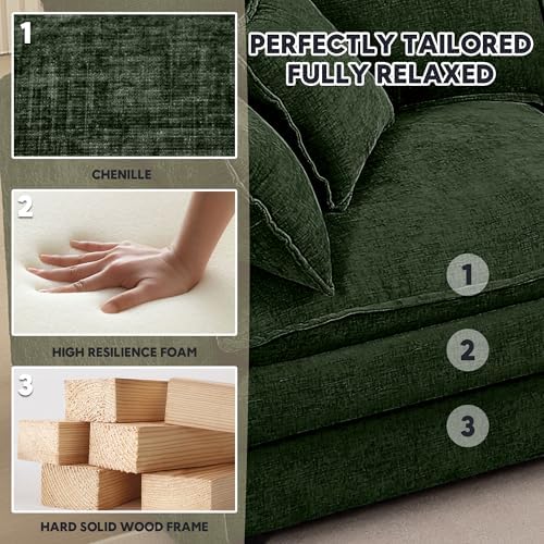 Modern 102" L Shaped Sectional Sofa Cloud Couch, Modern Chenille Comfy Modular Sleeper Sofa, Upholstery Sofa with Ottoman & Memory Foam for Living Room, Green