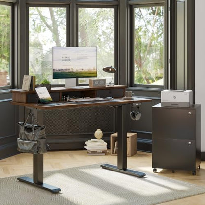 TIQLAB 48 * 24 inch Standing Desk with Two Drawers&Top Shelf, Black Walnut