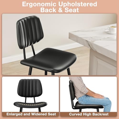 Raynesys 24-Inch Leather Bar Stools Set of 4 with High Backrest, Black
