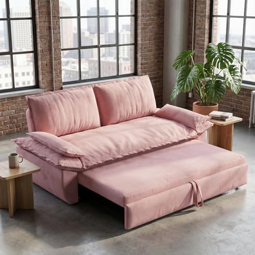 73.2" Sofa Bed Queen, 3-in-1 Pull Out Sofa Bed with Pillow Armrest, Modern Velvet Convertible Sleeper Futon Sofa for Living Room Small Space, Apartment, Bedroom, Pink