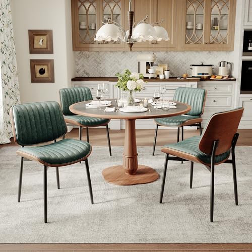 MALOL Leather Dining Chairs Set of 4, Modern Upholstered Dining Room Kitchen Chairs with Metal Legs and Wooden Back Support for Home Dining Room/Restaurant, Green