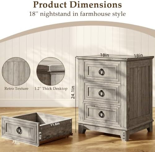 Joaxswe Farmhouse Nightstand, 18'' End Table with 3 Drawer Metal Handle
