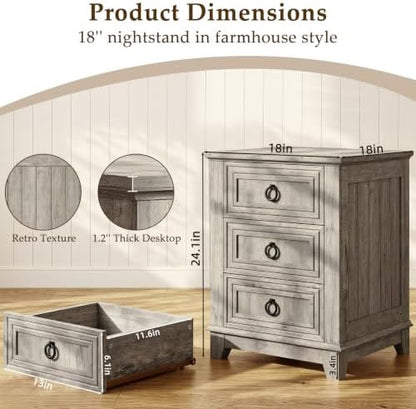 Joaxswe Farmhouse Nightstand, 18'' End Table with 3 Drawer Metal Handle