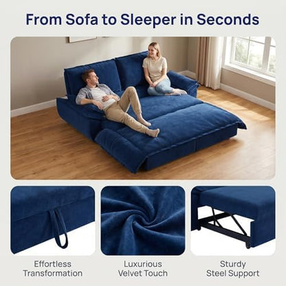 73.2" Sofa Bed Queen, 3-in-1 Pull Out Sofa Bed with Pillow Armrest, Modern Velvet Convertible Sleeper Futon Sofa for Living Room Small Space, Apartment, Bedroom, Blue