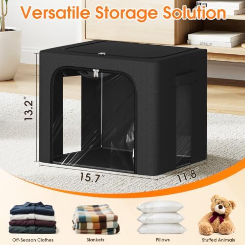 4 Pack Clothes Storage Bins with Metal Frame, Black, 40L