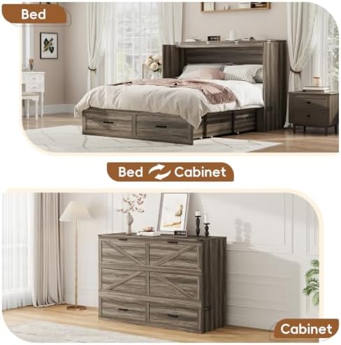 Hlivelood Queen Size Farmhouse Murphy Bed with Drawer&Charging Station,Grey