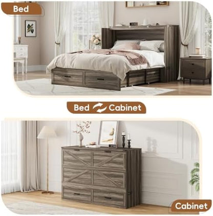 Hlivelood Queen Size Farmhouse Murphy Bed with Drawer&Charging Station,Grey