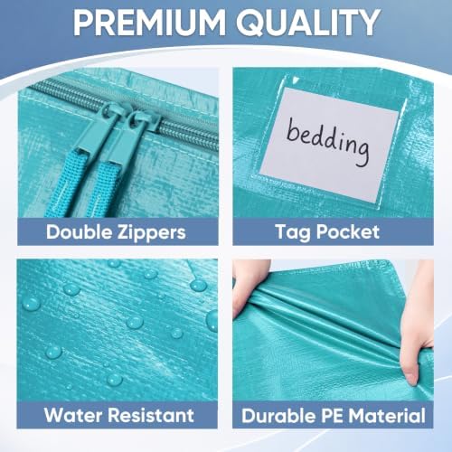 TICONN 6 Pack Extra Large Moving Bags Heavy Duty with Zippers & Carrying Handles, Durable Storage Bags Moving Boxes for Closet Organizers and Storage (6 Pack, Aqua)