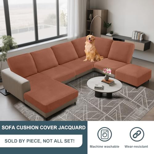 UNBBRRL Seat Cushion Cover and Back Covers for Corner Sofa Stretch Jacquard, Non Slip L Shaped Sofa Slipcover with Storage Ottoman, Sectional Couch Cover for Chaise Lounge (Rust red,31 x 59 x 6”)