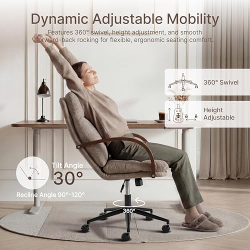 KISLOT Home Office Desk Chair, Ergonomic Office Chair with Lumbar Support, Adjustable Swivel Computer Chair with Wheels, Fabric Executive Task Chair with Wood Arms, Khaki