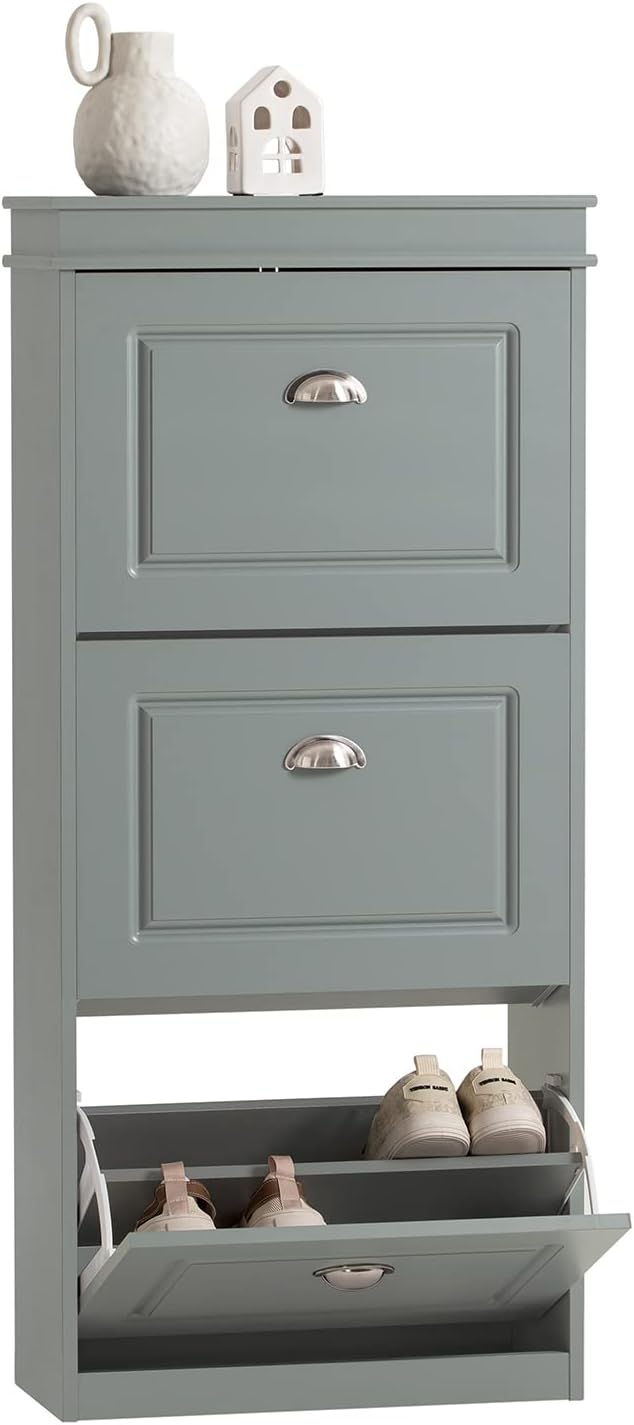 Haotian FSR94-HG, Grey Shoe Storage Cabinet with 3 Flip Drawers, Freestanding Shoe Rack, Shoe Storage Cupboard Organizer(9.4" D x 20.9" W x 46.1" H)
