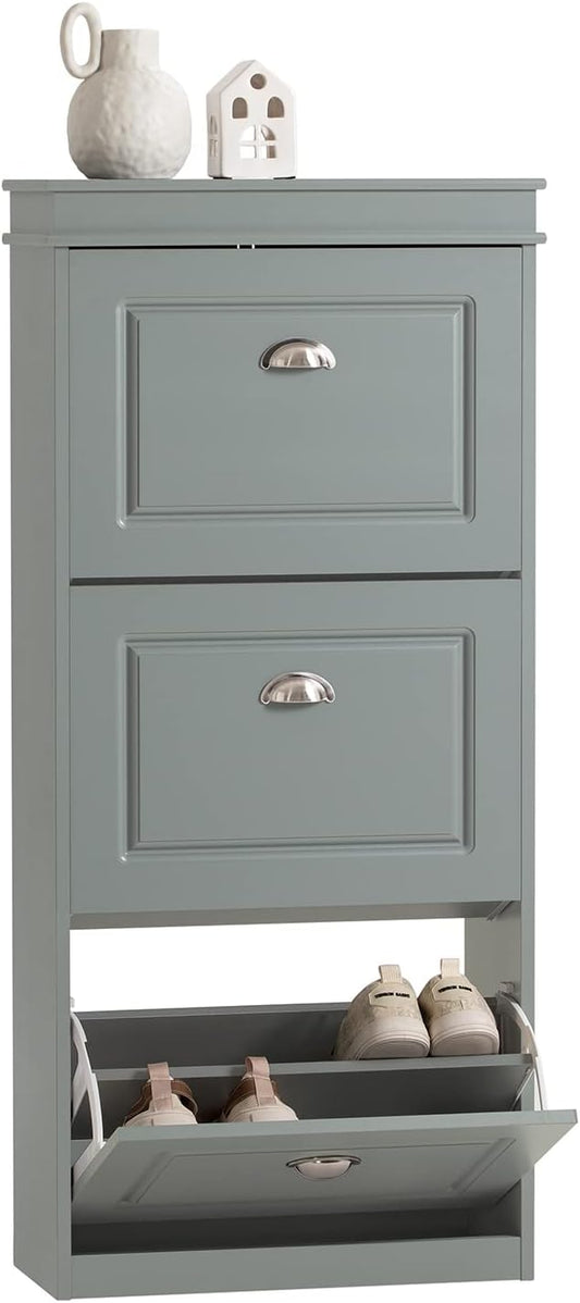 Haotian FSR94-HG, Grey Shoe Storage Cabinet with 3 Flip Drawers, Freestanding Shoe Rack, Shoe Storage Cupboard Organizer(9.4" D x 20.9" W x 46.1" H)