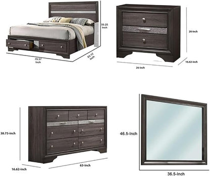 Pemberly Row 4-Piece King Bedroom Set, Solid Wood and Veneer, Gray Finish with Silver Accents, Panel Bed with Storage Footboard, Dresser with Mirror, Nightstand, Elegant Modern Bedroom Furniture