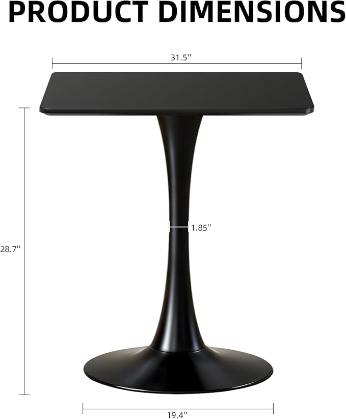 Square Dining Table, 31.5" Tulip Table with Thickened Tabletop & Metal Pedestal, Mid Century Modern Bistro Table for Kitchen, Small Places, Living Room, Cafe (Black)