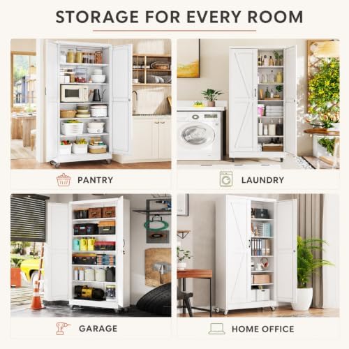 74" Metal Garage Storage Cabinet with Wheels, Locking Doors, 5 Shelves