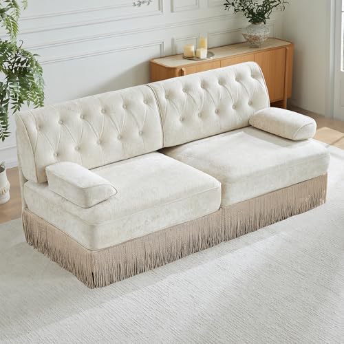 77" Velvet Chesterfield Style Modular Sectional Loveseat Sofa, Upholstered Oversized Button Tufted 2-Seater Couch with Floor-grazing Tassel Fringe Skirt, Easy Assembly, for Living Room, Beige