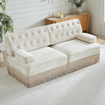 77" Velvet Chesterfield Style Modular Sectional Loveseat Sofa, Upholstered Oversized Button Tufted 2-Seater Couch with Floor-grazing Tassel Fringe Skirt, Easy Assembly, for Living Room, Beige