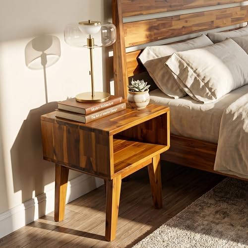 Acacia Serena Nightstand Solid Wood Nightstand with Open Storage Shelf, Wood Bedside Table, Night Stands for Bedroom - Caramel