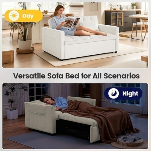 3 in 1 Convertible Sofa Bed, Loveseat Sleeper Sofa with Large Side Pockets, Pull Out Couch with Adjustable Backrest, Easy Assembly, Velvet Couch Bed for Small Spaces, Apartment, White