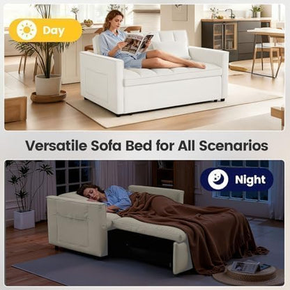 3 in 1 Convertible Sofa Bed, Loveseat Sleeper Sofa with Large Side Pockets, Pull Out Couch with Adjustable Backrest, Easy Assembly, Velvet Couch Bed for Small Spaces, Apartment, White