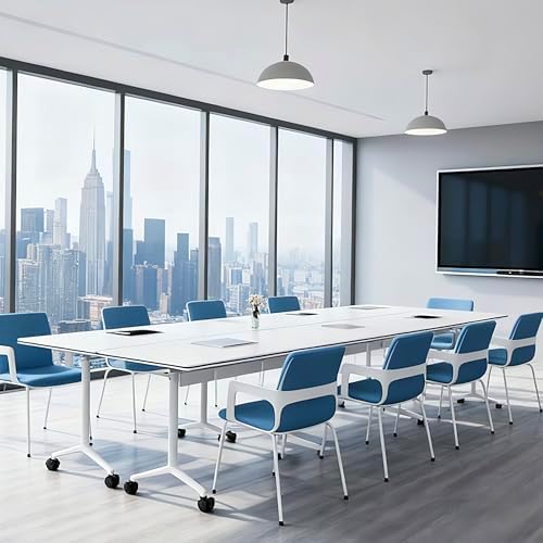 Folding Conference Table, Conference Room Tables with Wheels Foldable Large Rectangle Meeting Seminar Table for 6-12 People, Flip Top Mobile Training Table for Office Classr (4, White 2, 55.1in)