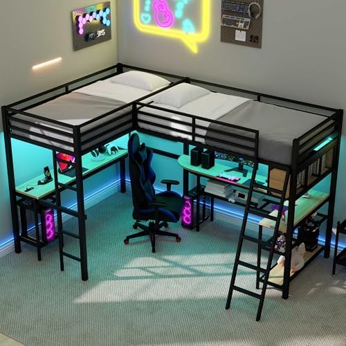 Twin Size L-Shaped Loft Bed with Desk and LED Lights, Black