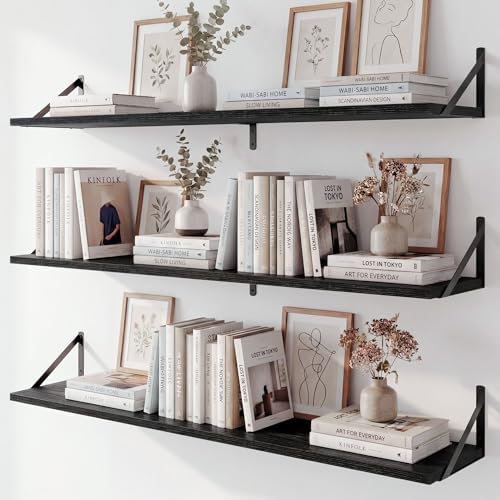 Extra Long Floating Wall Shelves, 48 x 8 Inches, Set of 3 Large Wood Floating Bookshelves with Metal Brackets for Storage & Display (Black)