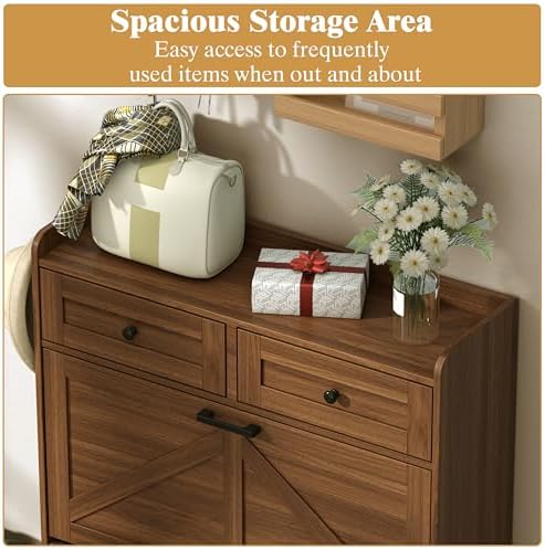 Shoe Cabinet with 2 Flip Drawers & 2 Storage Drawers, Rustic Farmhouse Narrow Shoe Organizer Cabinet, Slim Shoe Rack Cabinet, Shoe Storage Cabinet for Entryway, Hallway, Front Door