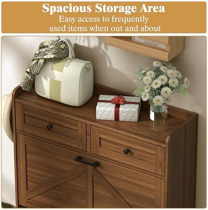 Shoe Cabinet with 2 Flip Drawers & 2 Storage Drawers, Rustic Farmhouse Narrow Shoe Organizer Cabinet, Slim Shoe Rack Cabinet, Shoe Storage Cabinet for Entryway, Hallway, Front Door