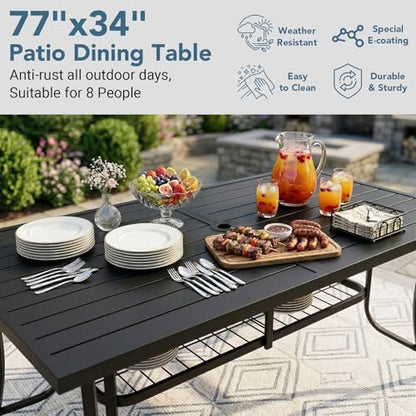 77" Extra Large Outdoor Metal Dining Table, Rectangular Wrought Iron Patio Table for 8 People, Weather-Resistant Steel Slatted Table with Umbrella Hole for Party & Backyard