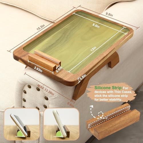 SINWANT Couch Arm Tray,15.35x9.84 in Sofa Clip on Arm Table,Acacia Wood