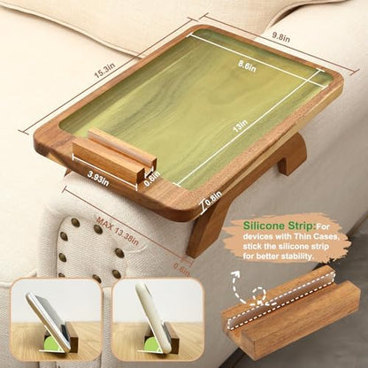 SINWANT Couch Arm Tray,15.35x9.84 in Sofa Clip on Arm Table,Acacia Wood