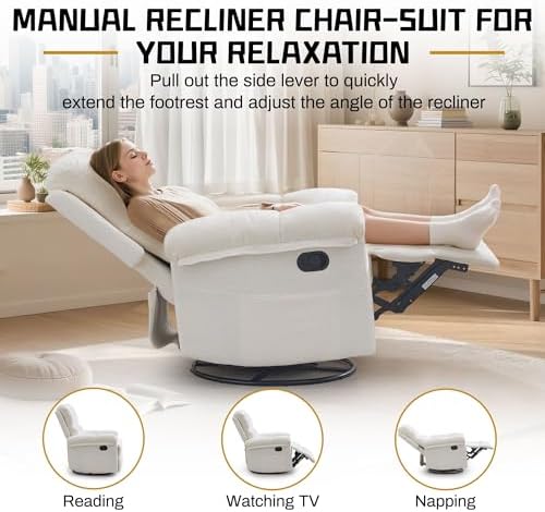Korser Small Swivel Rocker Recliner Chair, Manual Recliner, Beige