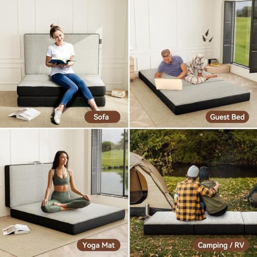 ROXGOX Memory Foam Mattress, Trifold Mattress with Washable Cover, Handle & Non-Slip Bottom, Foldable Floor Mattress Guest Bed for RV, Travel, Camping, Yoga (4 Inch-Grey, Queen)