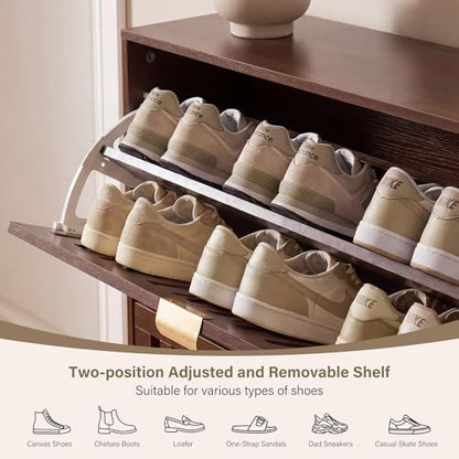 Shoe Cabinet, Slim 3 Flip Drawers for Entryway, Walnut
