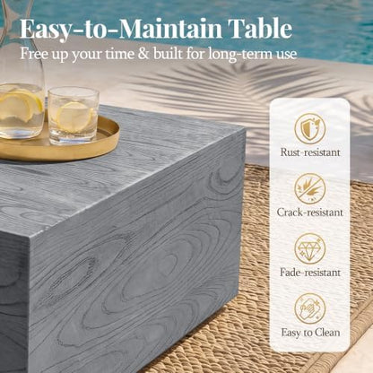 UPHA 28" Square Outdoor Coffee Table, Travertine Look, Gray Wood Finish