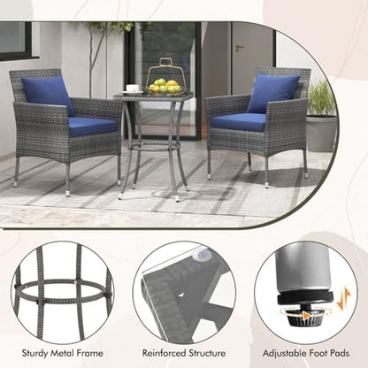 Tangkula 3-Piece Patio Furniture Set, PE Wicker Conversation Bistro Set w/A Tempered Glass Table & 2 Cushioned Chairs, Outdoor Table & Chairs Set for Patio Porch Yard Garden (Mix Gray+Navy)