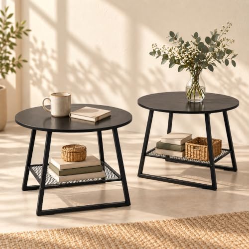 24In 2‑Tier Round Side Table Set of 2, Black End Table with Mesh Shelf