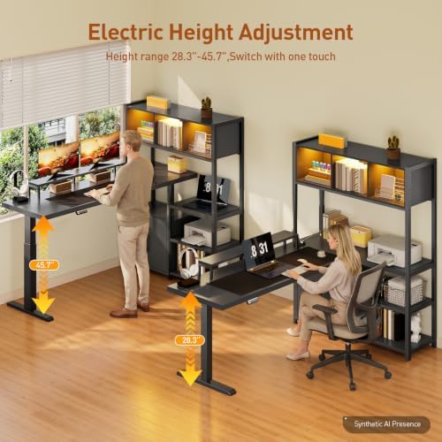 RALGEND 55'' L Shaped Standing Gaming Desk, LED Sit Stand Desk with Storage
