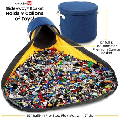 SlideAway Toy Storage Organizer & Extra Large 52" Play Mat, Collapsible Storage Bins for Building Bricks, Small Blocks, Toys, Drawstring Cleanup for Kids Playroom & Classroom, Blue