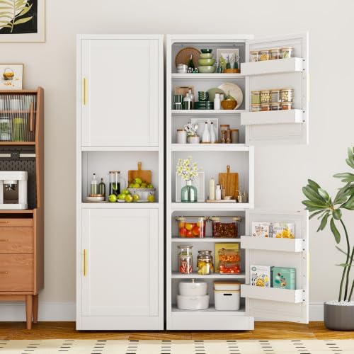 67" Tall Narrow Storage Cabinet, Metal Freestanding Pantry Cabinet with Adjustable Shelves, Multi Door Slim Organizer Fit for Microwave, Kitchen, Bathroom(White)