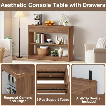 FATORRI Console Table with 2 Drawers, 43.3 Inch Farmhouse Narrow Entryway Table with Storage Shelves, Rustic Sofa Tables Behind the Couch for Hallway, Living Room, Foyer (Walnut)
