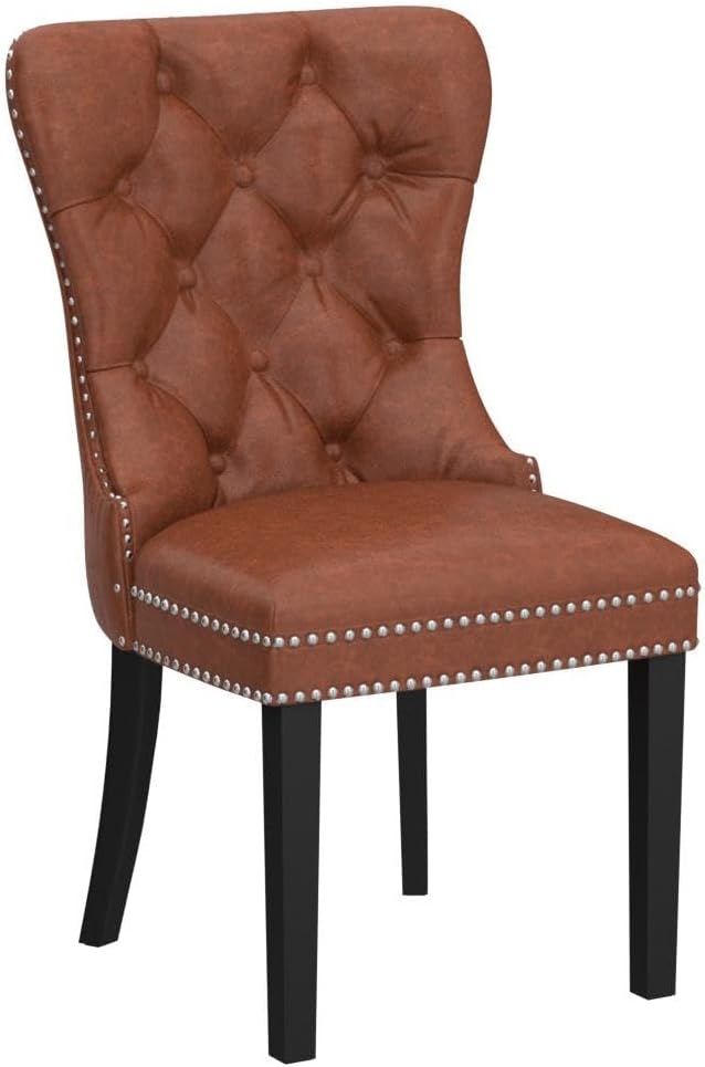 CIMOTA Brown Leather Dining Chairs Set of 2 Mid Century Modern Dining Room Chairs Tufted Upholstered Kitchen Dining Chairs Comfortable Side Chairs with Nailhead Trim/Ring Back (PU /2PCS)