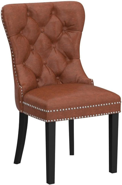 CIMOTA Brown Leather Dining Chairs Set of 2 Mid Century Modern Dining Room Chairs Tufted Upholstered Kitchen Dining Chairs Comfortable Side Chairs with Nailhead Trim/Ring Back (PU /2PCS)