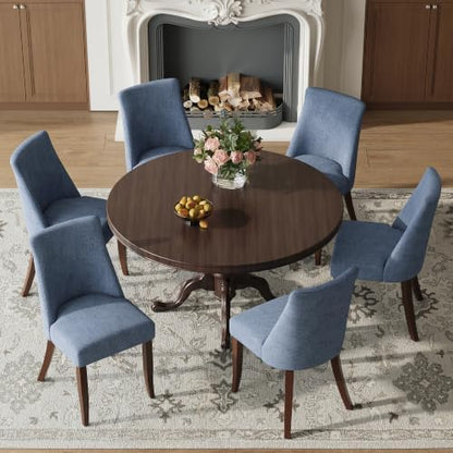 COLAMY Upholstered Dining Chairs Set of 6, Mid Century Modern Kitchen Chairs with Back, Farmhouse Fabric Side Dining Room Chairs with Wood Legs for Dining Room Restaurant, Blue