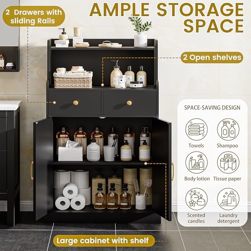 Farmhouse Bathroom Storage Cabinet with 2 Drawers & 2 Doors, Kitchen Cabinet Cupboard with Adjustable Shelves, Floor Storage Cabinet for Kitchen/Living Room/Bedroom, Black
