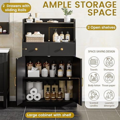 Farmhouse Bathroom Storage Cabinet with 2 Drawers & 2 Doors, Kitchen Cabinet Cupboard with Adjustable Shelves, Floor Storage Cabinet for Kitchen/Living Room/Bedroom, Black