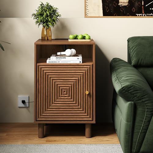 RoyalCraft Walnut Nightstand with Charging Station, End Table with Storage