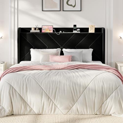 SHA CERLIN King Size Bed Frame, Velvet Upholstered Platform Bed Frame with Wingback Storage Headboard & Charging Station, Geometric Tufted Design, No Box Spring Needed, Easy Assembly, Black