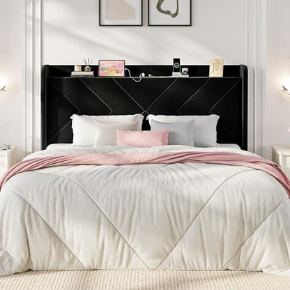 SHA CERLIN King Size Bed Frame, Velvet Upholstered Platform Bed Frame with Wingback Storage Headboard & Charging Station, Geometric Tufted Design, No Box Spring Needed, Easy Assembly, Black